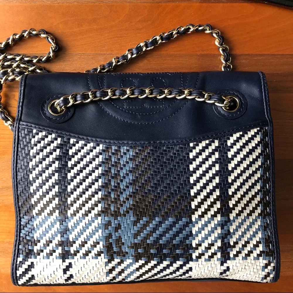 Tory Burch Navy Blue and White Woven Crossbody Bag